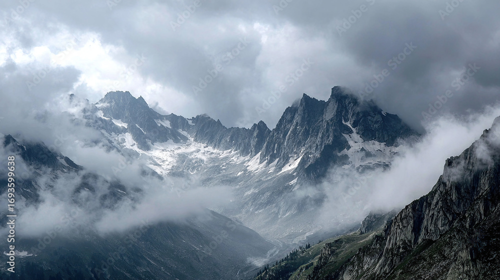Fototapeta premium Cold snow capped mountains under dark clouds