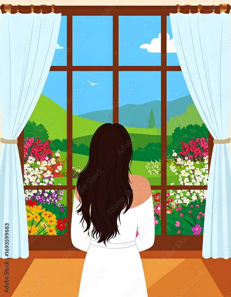 Obraz premium Woman Window View Landscape