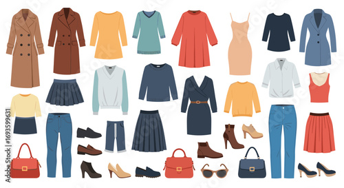 Collection of stylish women's clothing and accessories for modern fashion editorial use