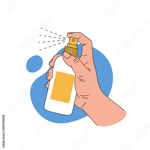 Hand holding a spray bottle dispensing a fine mist illustrating cleaning disinfection and personal hygiene practices for healthy living