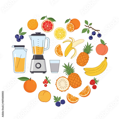 Healthy fruit smoothies created using a blender and fresh ingredients displayed in a circle