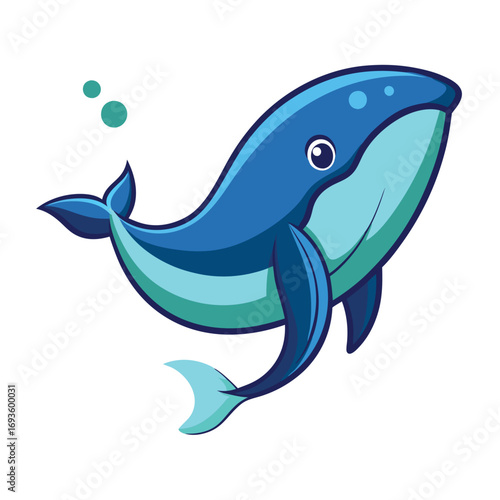 Cute cartoon blue whale swimming with bubbles