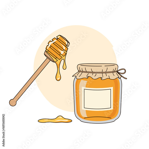 Delicious golden honey poured from a wooden dipper into a glass jar