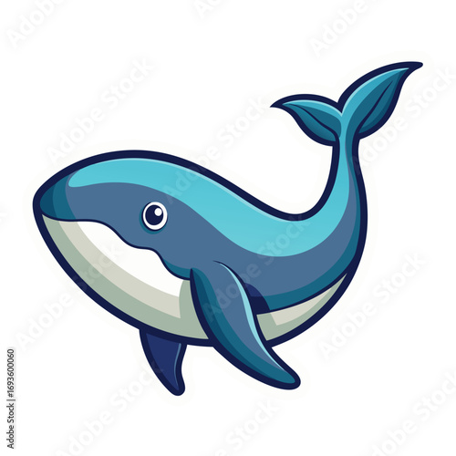 Cute cartoon blue whale swimming happily in the ocean