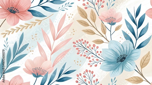 Floral Pattern with Pink and Blue Flowers and Green Leaves Design