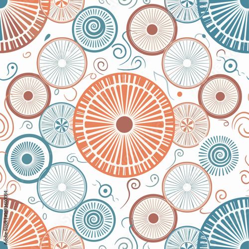 An abstract pattern of decorative circular motifs with swirling flourishes in earth tones and blue hues