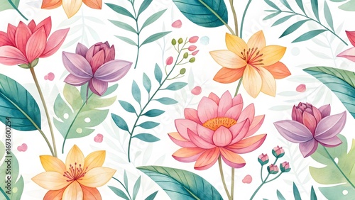 Colorful Floral Pattern with Lotus and Leaves in Soft Pastel Style