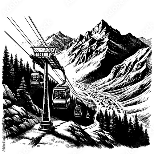 Engraving of Cable Cars on Mountain Funicular black vector icon with transparent background 