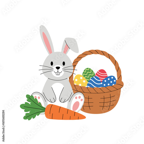 Cute easter bunny with a basket of colorful eggs and fresh carrot illustration