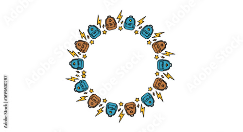 Back to school design element with backpacks, stars, and lightning bolts, perfect for education