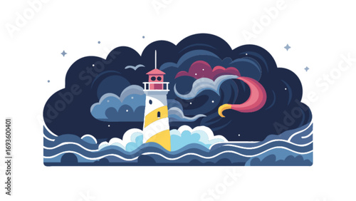 Lighthouse vector illustration at night with ocean waves and clouds landscape scene design art