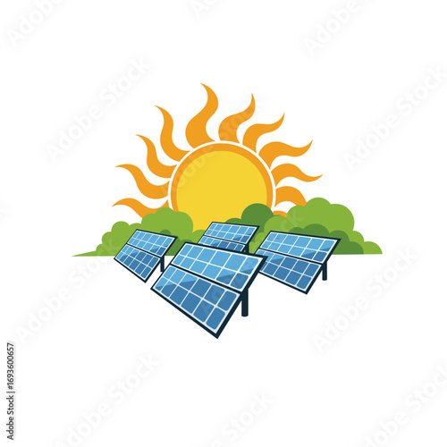 Solar power energy generation with sun and green plants landscape illustration