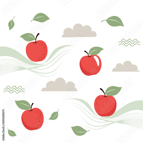 Whimsical red apples and green leaves adorning a cloudy sky with gentle waves