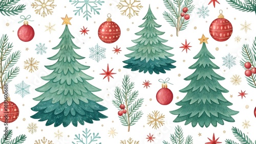 Festive Christmas Trees and Ornaments on Bright White Background