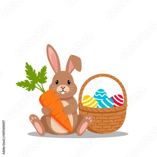 Cute easter bunny holding a big carrot next to a basket full of colorful eggs