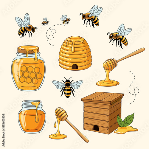 Sweet harvest collection featuring honeycomb jars bees hives and delicious honey dripping from dippers