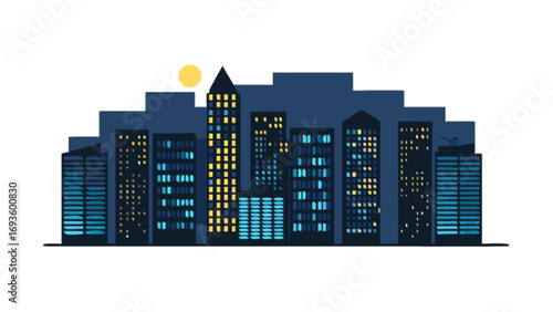 Cityscape skyline at night with illuminated buildings and moon urban design illustration for background use