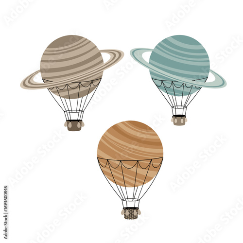 Whimsical hot air balloons designed to look like planets with rings float gently through the sky