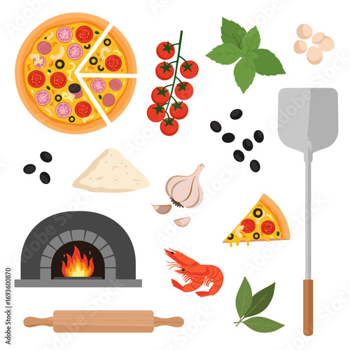 Artistic rendition of pizza making ingredients and tools with a wood fired oven and fresh produce
