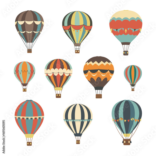 Collection of vintage hot air balloons floating gracefully in the sky with colorful patterns and intricate designs