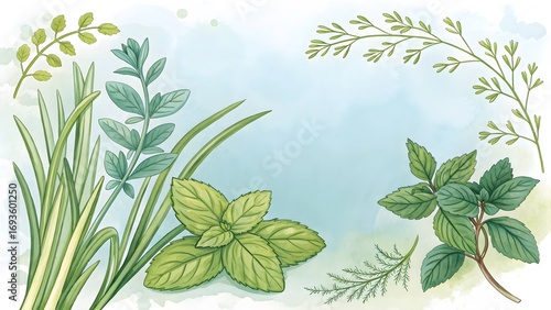 Fresh Herbal Plants on a Gentle Blue Background for Designs