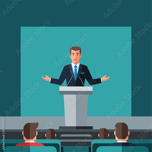A man in a suit stands behind a podium, giving a presentation to an audience.