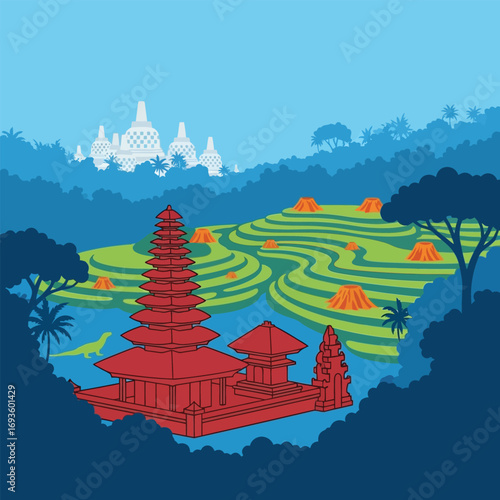 Illustration of a Balinese temple nestled among rice terraces, with distant stupas under a bright blue sky.