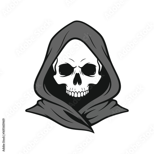 Grim reaper skull with hood mysterious dark figure symbol of death and fear vector