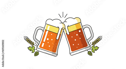 Two Beer Mugs Toasting Illustration with Wheat and Hops for Brewery Branding, Oktoberfest Promotions, and Craft Beer Advertising