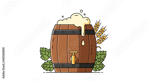 Charming Illustration of a Wooden Beer Barrel Overflowing with Frothy Beer, Perfect for Craft Brewery Promotion and Oktoberfest Celebrations.