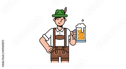 Oktoberfest Celebration Illustration Featuring a Man in Traditional Bavarian Attire Holding a Beer Mug, Ideal for Festival Promotions, Cultural Events, or Themed Designs.