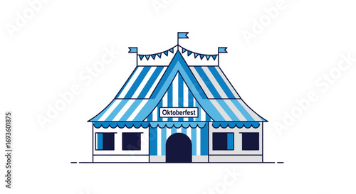 Oktoberfest Tent Illustration with Blue and White Stripes for Festival Promotions and Event Design, Suitable for Vector Graphics and Themed Marketing Materials.