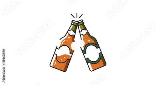 Two Beer Bottles Toasting in a Minimalist Style Illustration, Perfect for Craft Beer Promotion, Brewery Branding, or Social Gathering Invitations.
