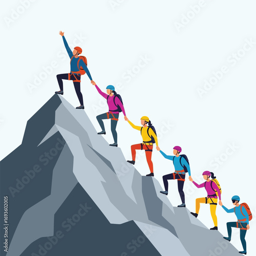Team of climbers ascending a challenging mountain peak, supporting each other to reach the summit.
