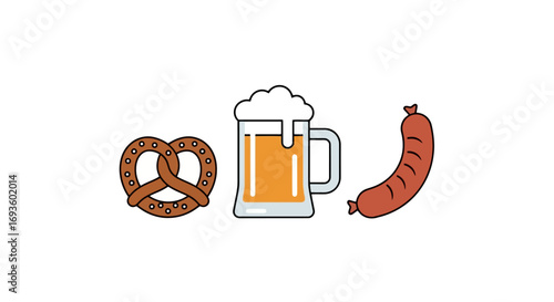 Oktoberfest Celebration Graphics Featuring Pretzel, Beer Mug, and Sausage Illustration. Suitable for events, menus, and promotional materials.