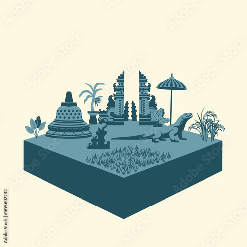 Isometric illustration of Indonesian cultural landmarks, including a temple gate, stupa, Komodo dragon, and rice paddy.
