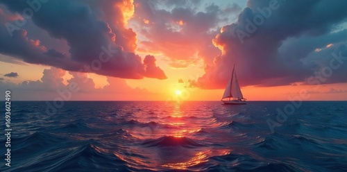 Dramatic sunset over a calm ocean with a lone sail in the distance, creating a peaceful and serene seascape Perfect for travel, adventure, or nautical themed projects , light, open