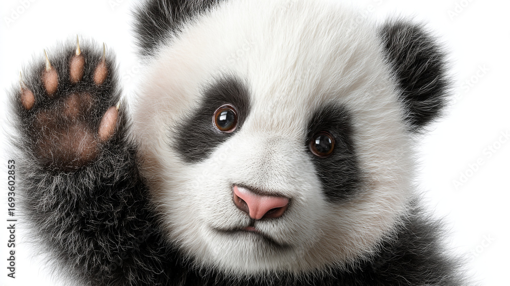 Obraz premium A cute panda cub waving its paw with a pink nose on a white background
