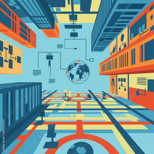 Illustration of a global network connecting shipping containers and logistical pathways, showing worldwide supply chain management.