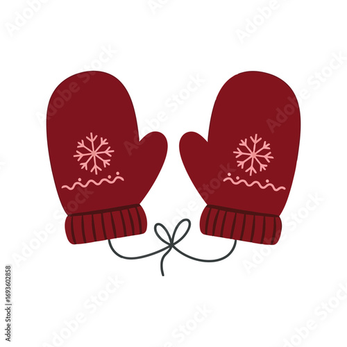 Cozy red knitted mittens with snowflake pattern for winter warmth vector