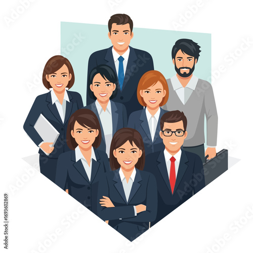 A group of diverse business professionals in suits stand together, smiling confidently, representing teamwork and success.