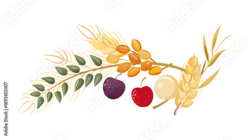 Watercolor autumn harvest illustration with wheat berries plums cherries and lychee fruit design element