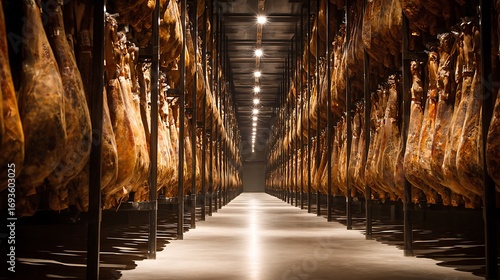 Aging Iberian Ham Legs Hanging in a Dark Warehouse Storage