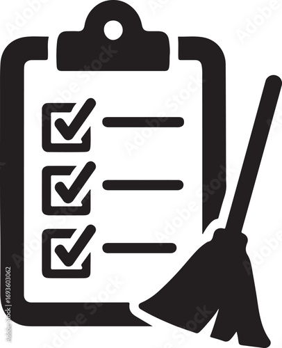 Cleaning checklist silhouette vector icon, organized tasks, hygiene, home maintenance, chores, tidy design.