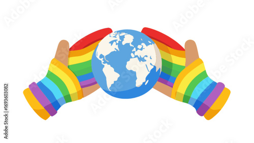 Lgbtqia pride hands holding earth globe vector illustration for diversity and inclusion concepts design