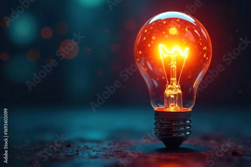Close-up shot of a futuristic-looking lightbulb, glowing brightly, symbolizing new ideas and groundbreaking technological advancements , creativity, illumination, research and development