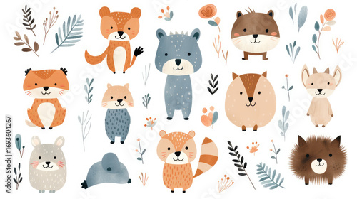 Cute watercolor forest animal set with fox, bear, cervid, raccoon, owl isolated on white background. Hand drawn bohemian floral nature cartoon illustration for children decor, invitation card and post