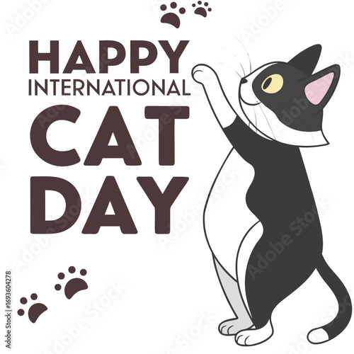 Flat illustration of a tuxedo cat next to the large text "CAT DAY