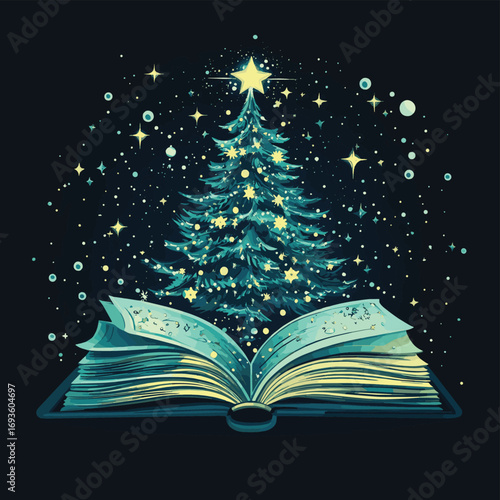 Fantasy open book illustration with blooming flowers and tree in a magical landscape , vector style simple color