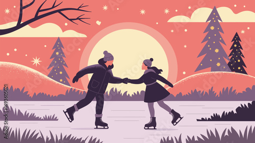 A tender young couple gliding hand‑in‑hand across a frozen pond beneath a luminous moon, framed by sparkling snow and hushed winter magic.
